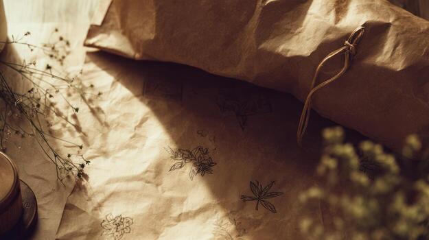 Rustic paper package with string and dried flowers on a textured surface photo