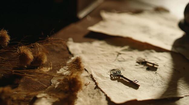 Vintage keys and aged paper on a wooden surface with soft natural light photo