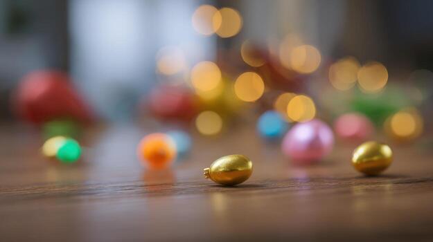 Abstract composition of colorful orbs and bokeh lights on a wooden surface photo