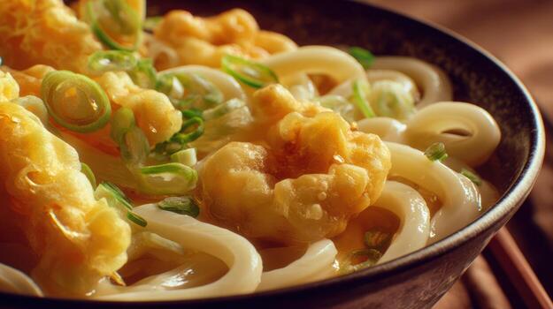 Close up of a bowl of noodles with tempura and green onions photo