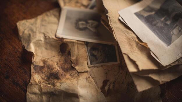 Vintage photographs and aged paper displayed on a wooden surface photo