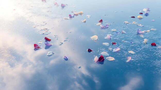 Floating rose petals on water reflecting sky abstract background image photo