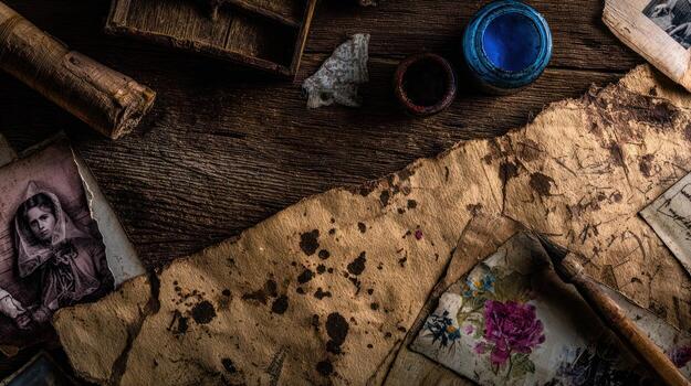 Vintage items arranged on a rustic wooden surface overhead perspective photo