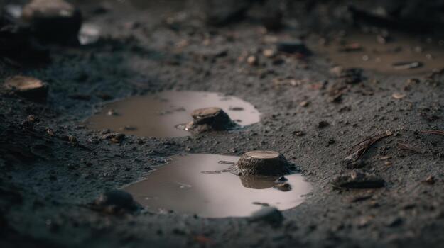 Close up view of muddy puddles on the ground with reflective surfaces photo