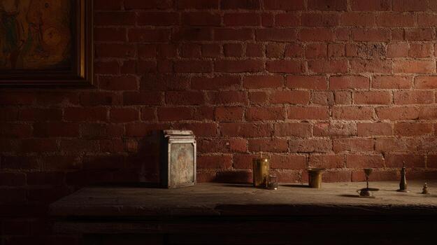 Rustic brick wall with wooden surface and decorative elements photo