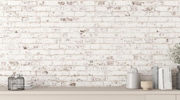 Rustic brick wall background with decorative objects on a wooden shelf photo