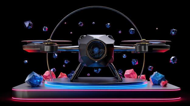 Modern drone on illuminated platform with abstract geometric elements photo