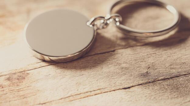 Close up of a silver keychain on a rustic wooden surface with copy space photo