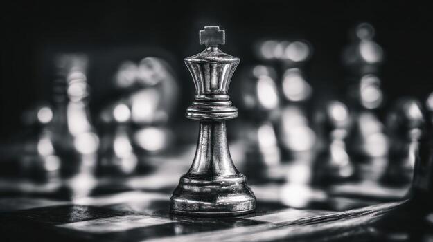 Close up of a chess king piece on a board with other pieces blurred photo