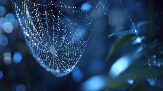 Close up of a spider web with water droplets in soft blue tones photo