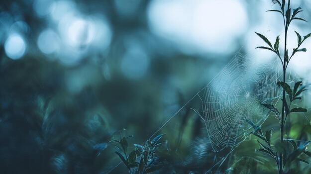 Delicate spider web on plant with soft focus backdrop for nature themes photo