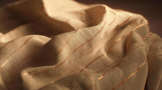 Close up of elegant cream colored fabric with golden stripes and subtle texture photo