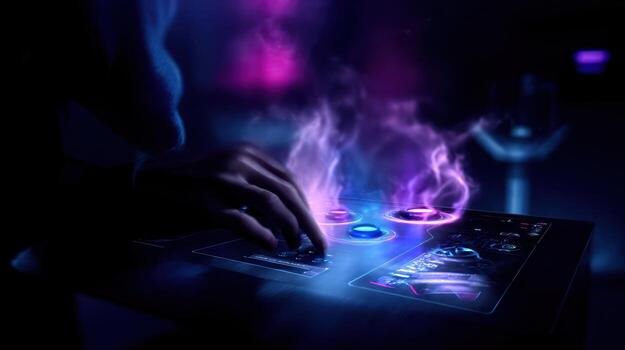 Electronic device with glowing lights and hand interaction in a dark setting photo