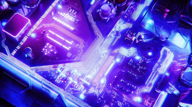 Electronic circuit board illuminated with neon light abstract technology photo