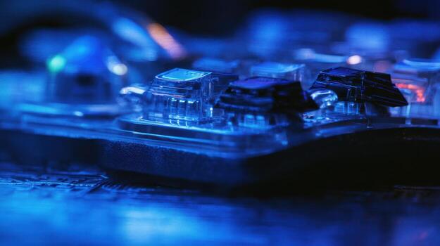 Close up of illuminated mechanical keyboard keys in blue tones photo