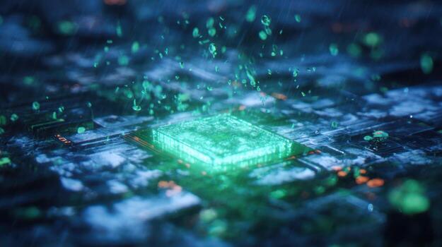 Abstract glowing processor chip with data particles technology background photo