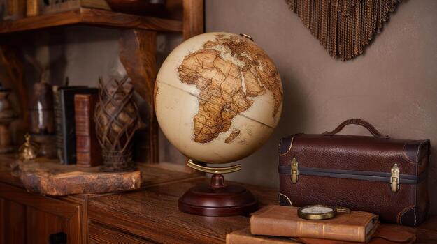Vintage globe and accessories displayed on wooden surface with books photo