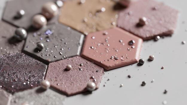 Cosmetic palette with hexagon shapes and glitter close up for beauty concepts photo