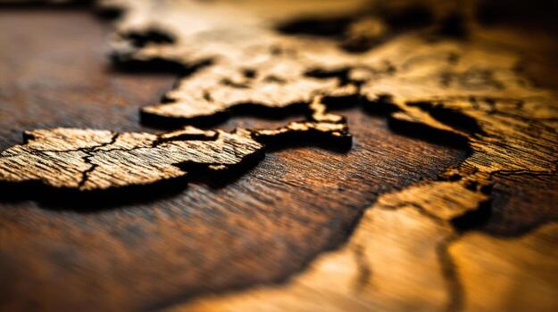Wooden world map detailed macro view on wooden surface for concepts photo