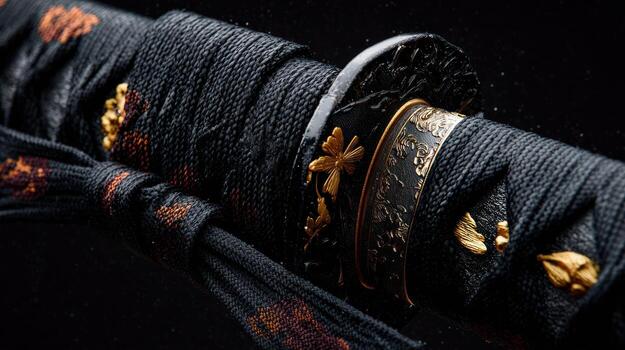 Close up of a japanese katana sword with ornate details on a black background photo