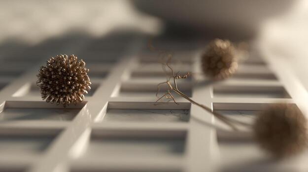 Abstract composition with dried flowers and textured surface in soft focus photo