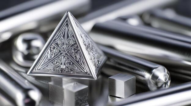 cerca arriba de un plata pirámide rodeado por varios metálico objetos foto