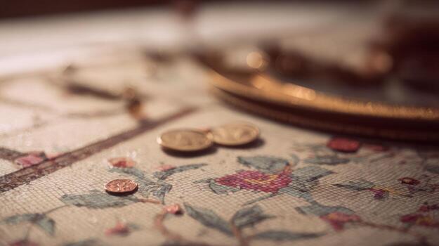 Close up of coins on a patterned surface near a decorative round object photo