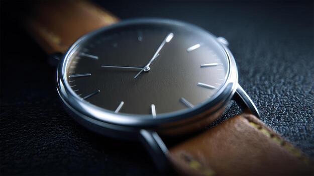 Close up of a minimalist analog watch with a leather strap photo