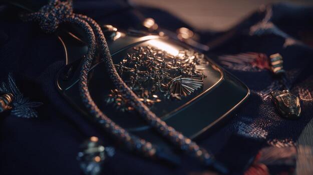 Close up of decorative object with intricate details on textile background photo