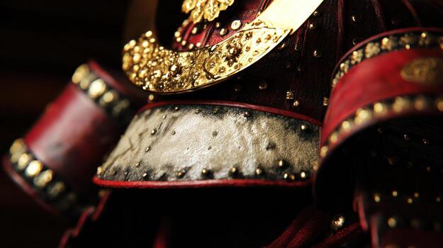 Close up of japanese samurai armor with gold accents and red elements photo
