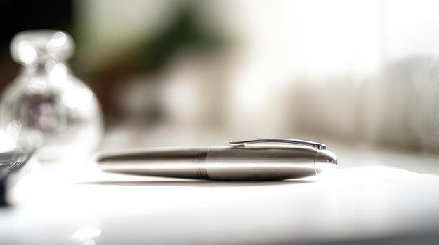 Close up of a silver pen on a white surface with blurred background photo