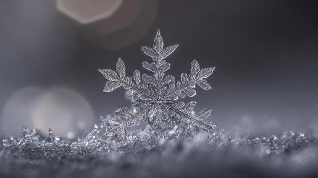 Close up of a delicate snowflake structure with detailed crystalline formations photo
