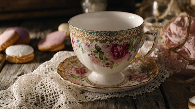Floral teacup and saucer with cookies on a wooden surface in daylight photo