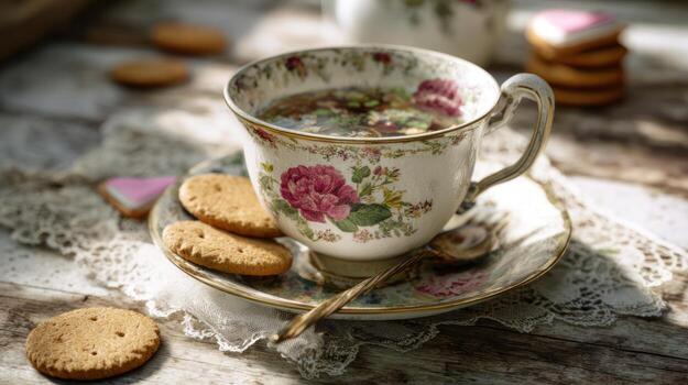 Close up of a floral teacup with cookies on a table soft lighting photo
