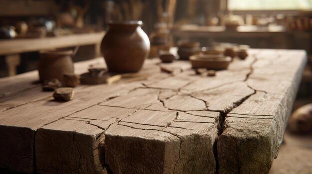 Rustic wooden table with pottery in a workshop setting interior design photo