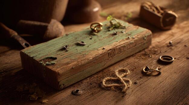 Rustic wooden block with gold rings and textures overhead studio shot photo