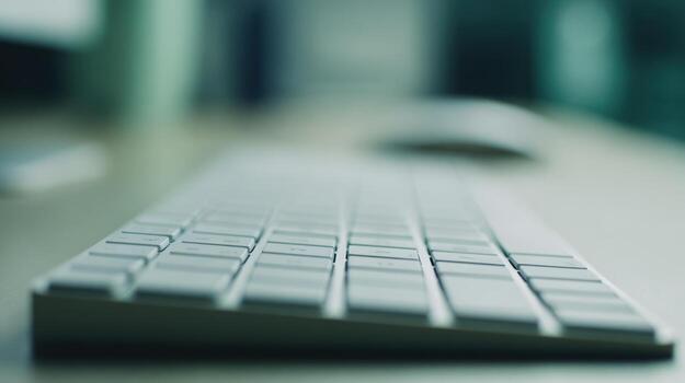 Close up view of a computer keyboard on a desk indoors with shallow depth of field photo