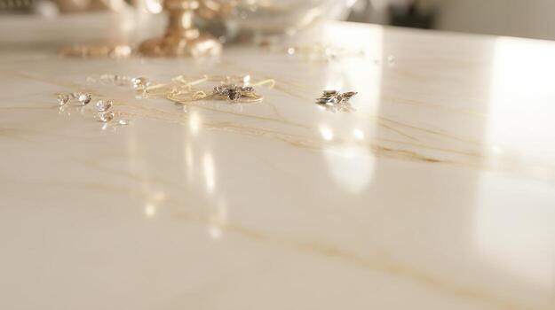 Close up of elegant table with jewelry and decorative elements photo