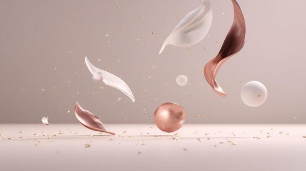 Abstract composition of floating petal shapes and spheres against a neutral background photo