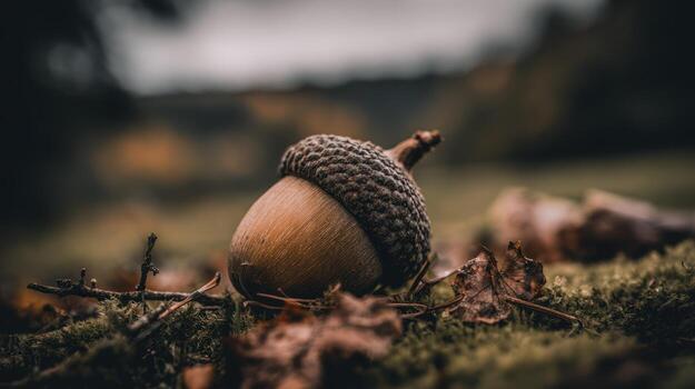Close up of a single acorn on forest floor with blurred background photo
