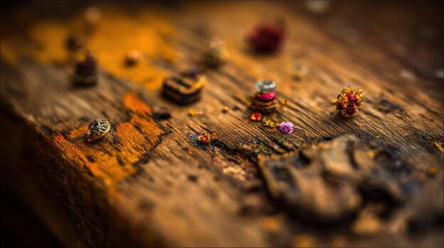 Close up of small objects arranged on a weathered wooden surface photo