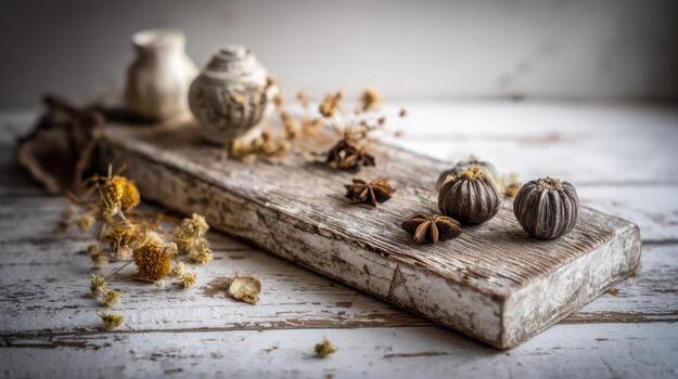 Rustic wooden board with spices and decorative elements for food preparation photo
