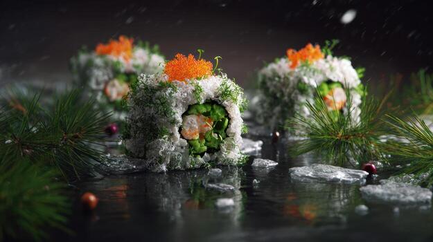 Artistic sushi rolls with edible snow and decorative elements photo