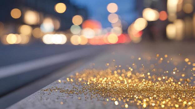 Glittering golden particles sparkle on a concrete surface against a blurred city background photo