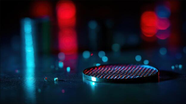 Abstract macro shot of a round metallic object with glowing lights photo