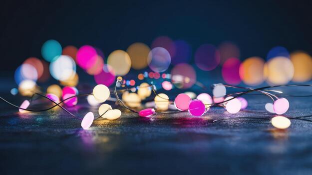 Blurred string lights display vibrant colors creating festive abstract background photo