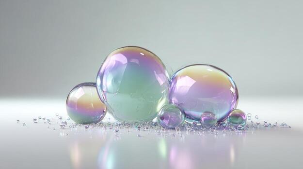 Iridescent bubbles on reflective surface abstract composition for design photo
