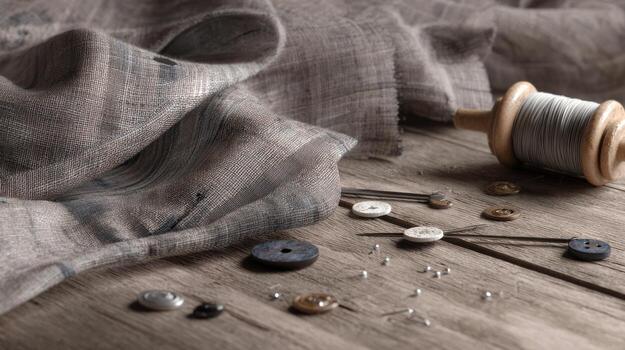 Close up of fabric with spool thread buttons on textured wooden surface photo