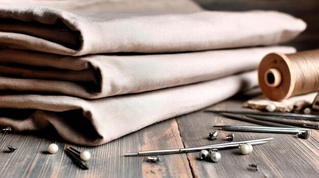 Stacked linen fabrics with knitting tools on wooden surface photo