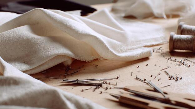 Close up of fabric and sewing tools on a wooden surface for craft design photo